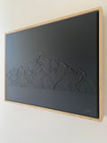 Mountain artwork, all black, textured. Looking up from the Rangitata. 