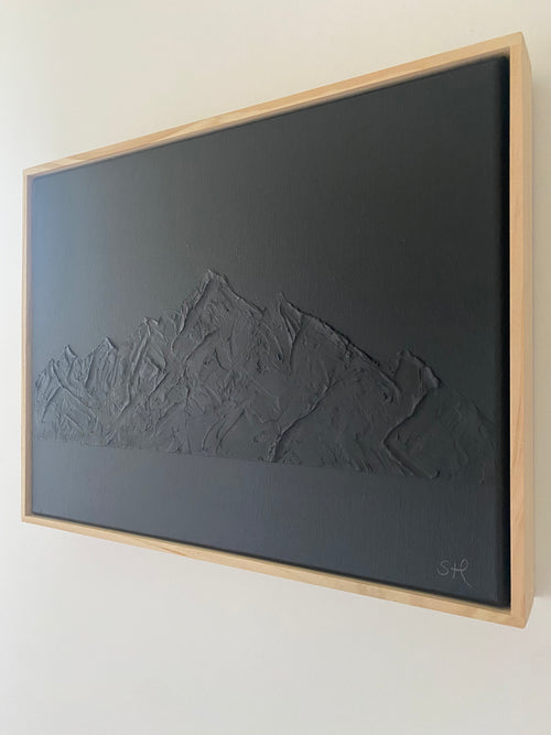 Mountain artwork, all black, textured. Looking up from the Rangitata. 