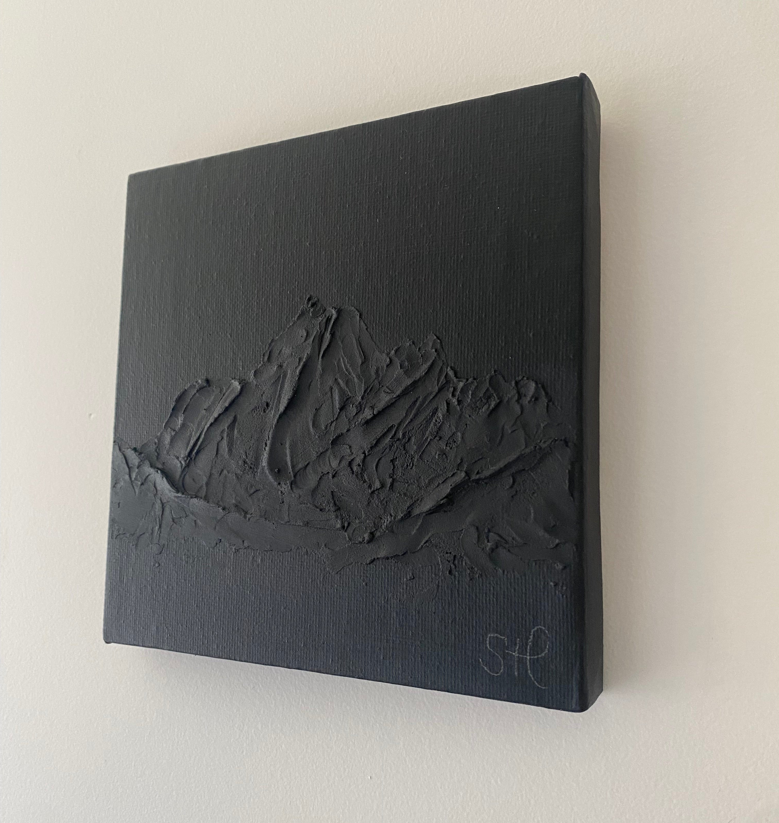 Mount Cook. Aoraki. mini, all black, textured painting. modern painting. 